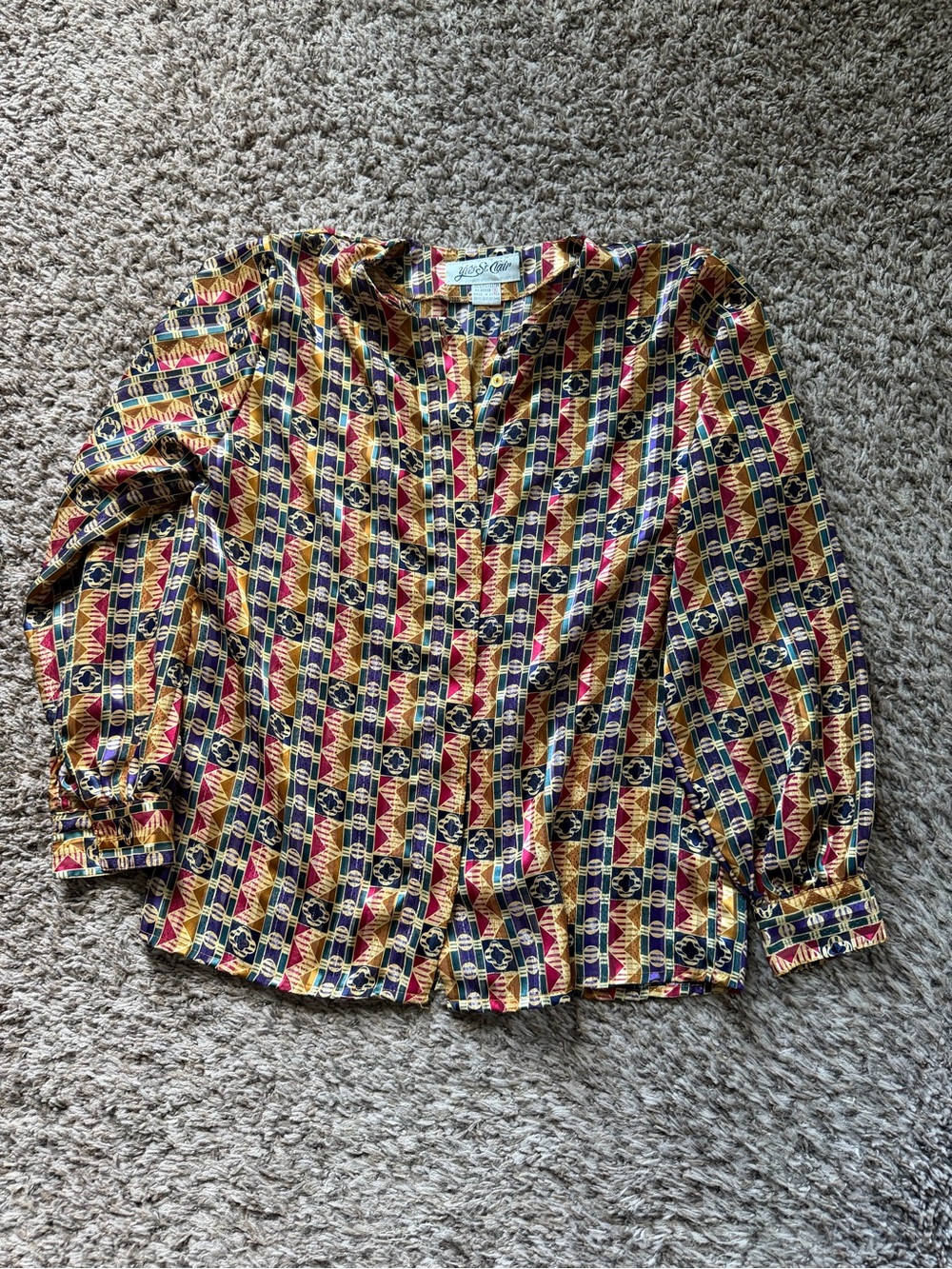 Vintage Yves St. Clair Silky Geometric Blouse Size 6 Art Deco Abstract Top